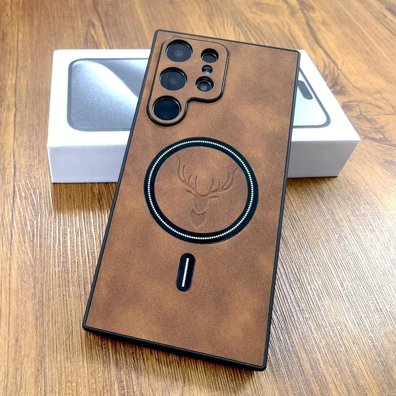 Case de couro luxuosa de cervo com Suporte MagSafe Para Samsung