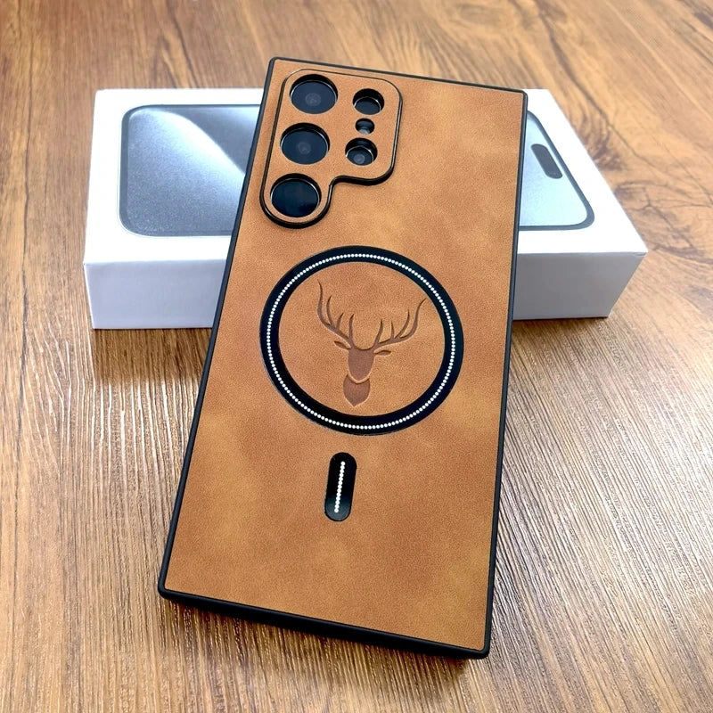 Case de couro luxuosa de cervo com Suporte MagSafe Para Samsung