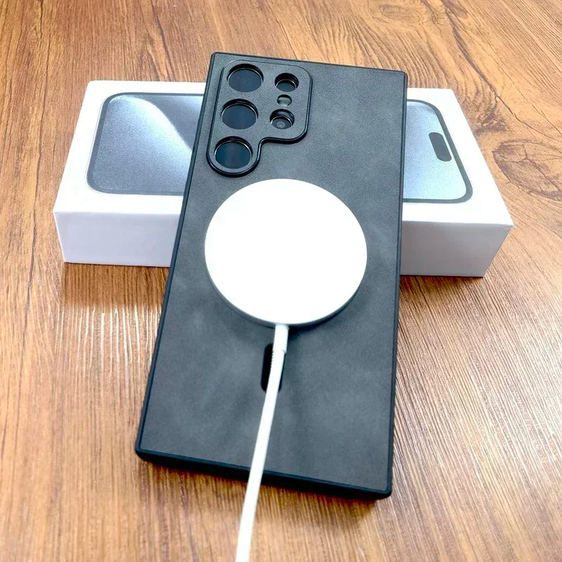 Case de couro luxuosa de cervo com Suporte MagSafe Para Samsung