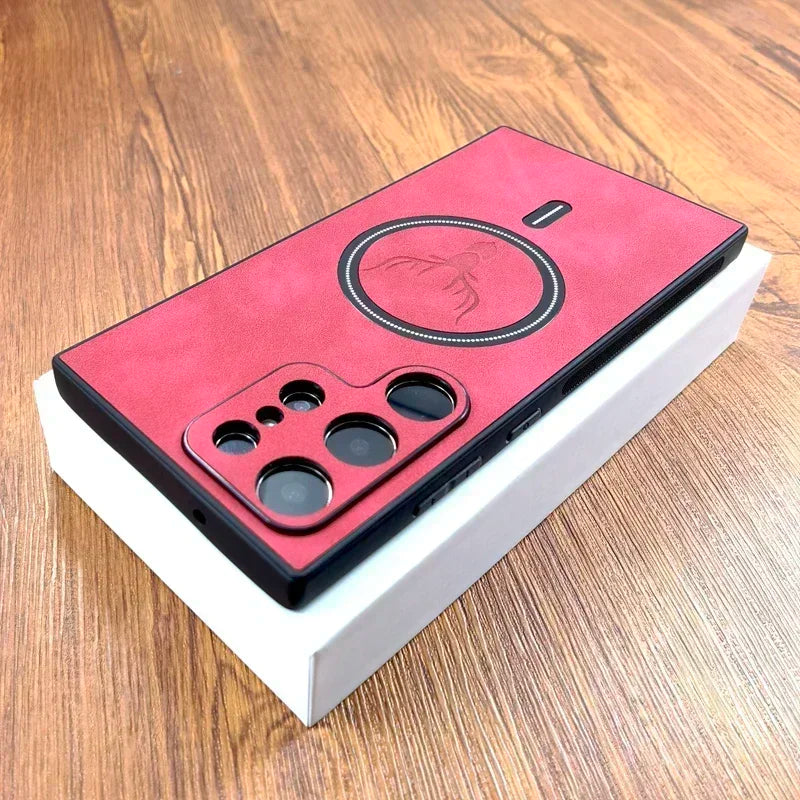 Case de couro luxuosa de cervo com Suporte MagSafe Para Samsung