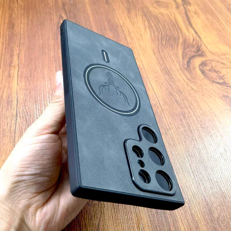 Case de couro luxuosa de cervo com Suporte MagSafe Para Samsung